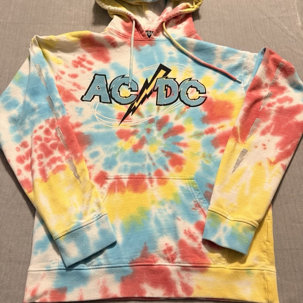 ACDC‎ Tie Dye Hoodie Medium Blue Pink Yellow Graphic Rock Band Pullover